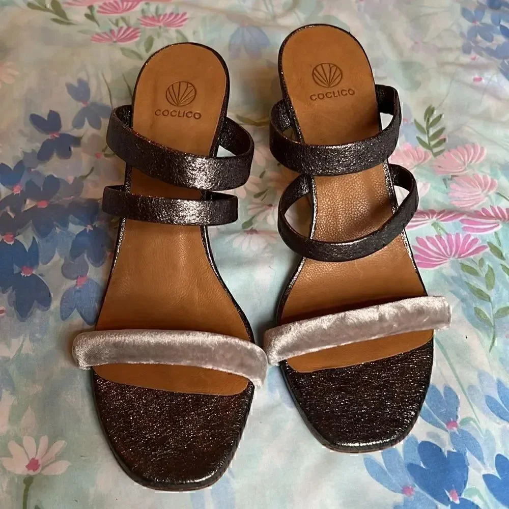 Coclico Tamara Gunmetal Velvet Strappy Heels Wood - 40.5